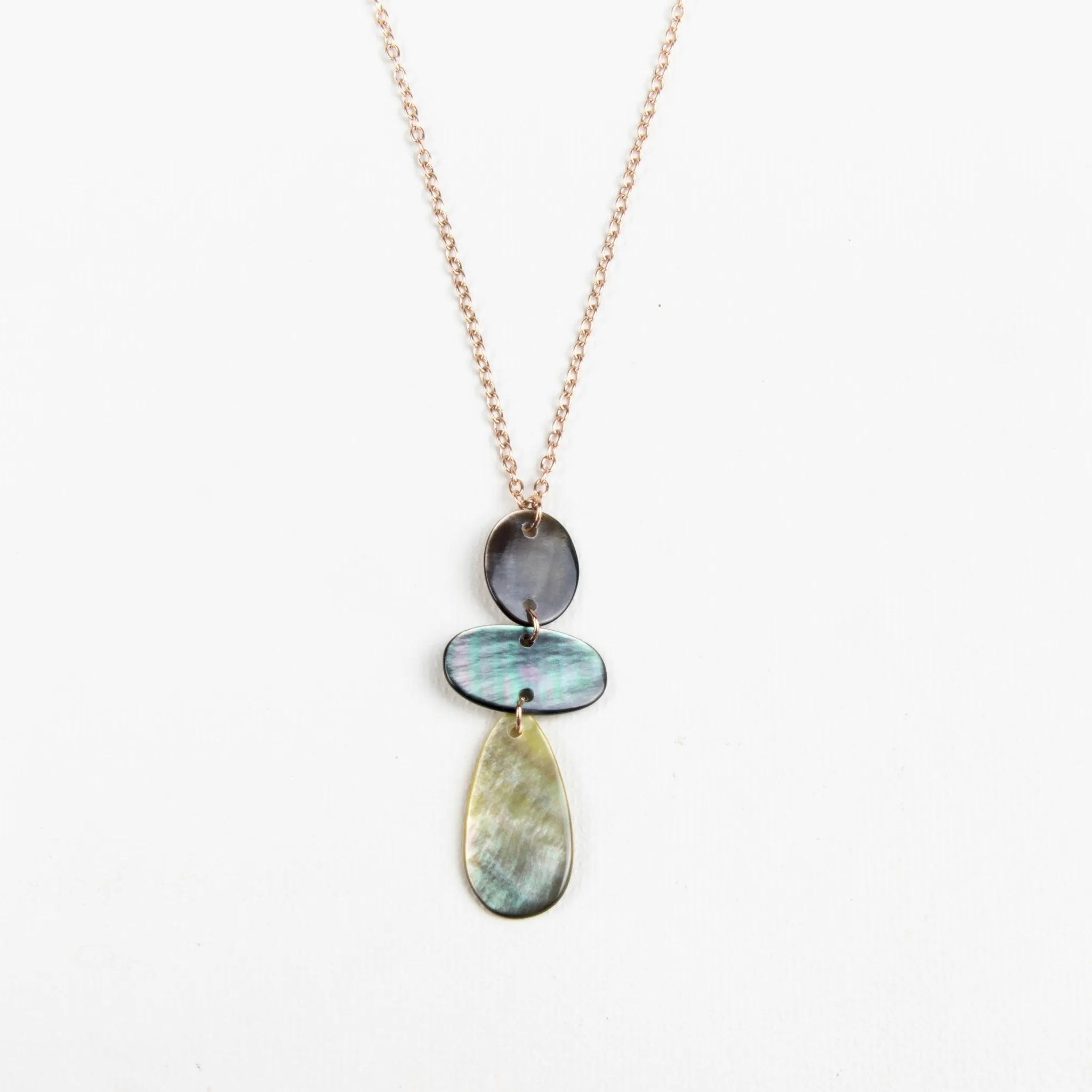Black Mother of Pearl Round, Oval, and Raindrop Necklace with Rose Gold Chain - Elegant Jewelry | LIKHA