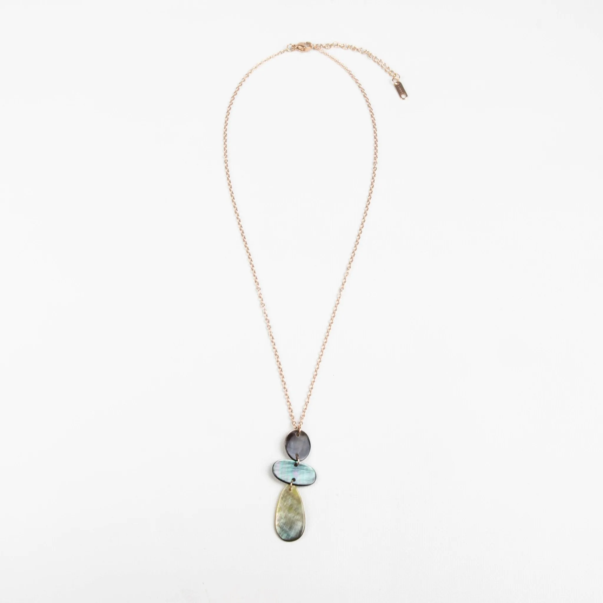 Black Mother of Pearl Round, Oval, and Raindrop Necklace with Rose Gold Chain - Elegant Jewelry | LIKHA
