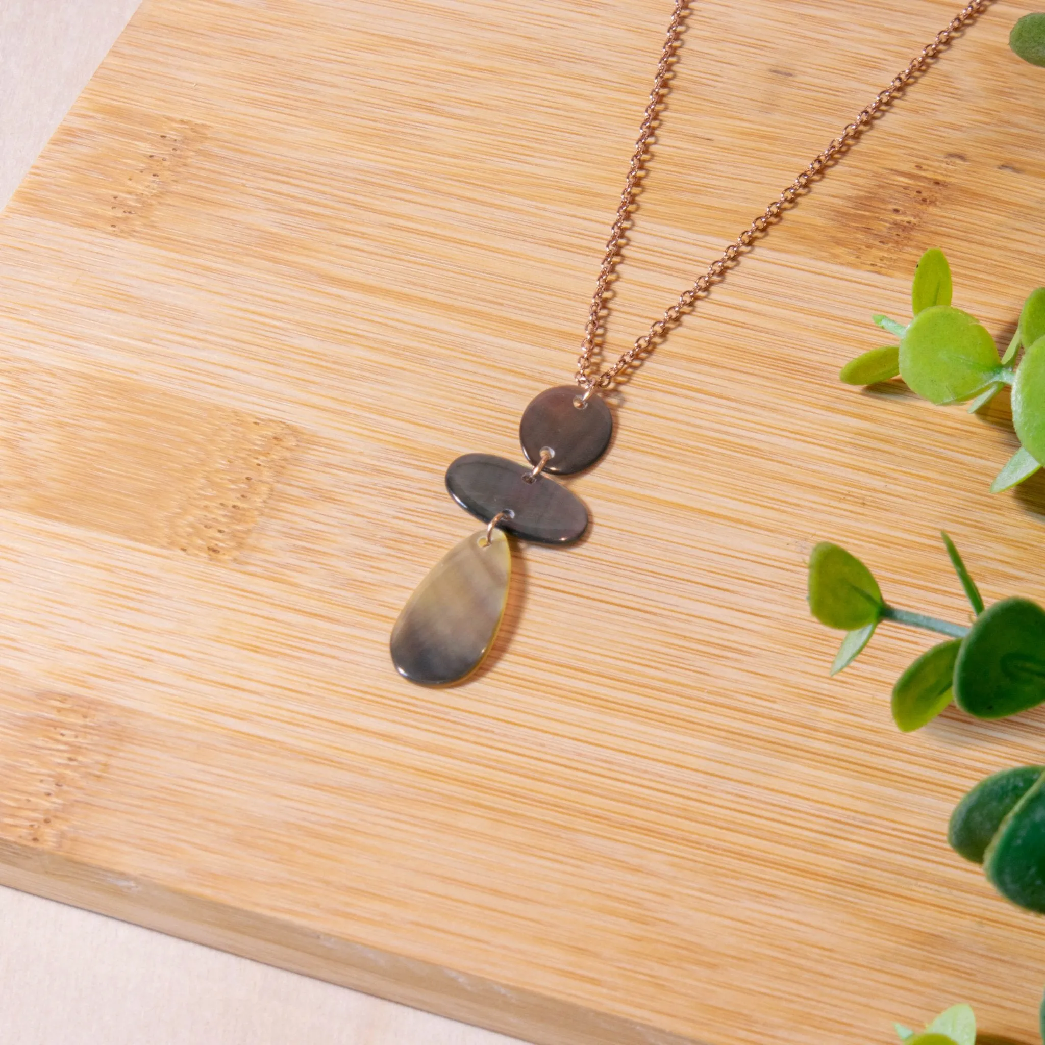 Black Mother of Pearl Round, Oval, and Raindrop Necklace with Rose Gold Chain - Elegant Jewelry | LIKHA