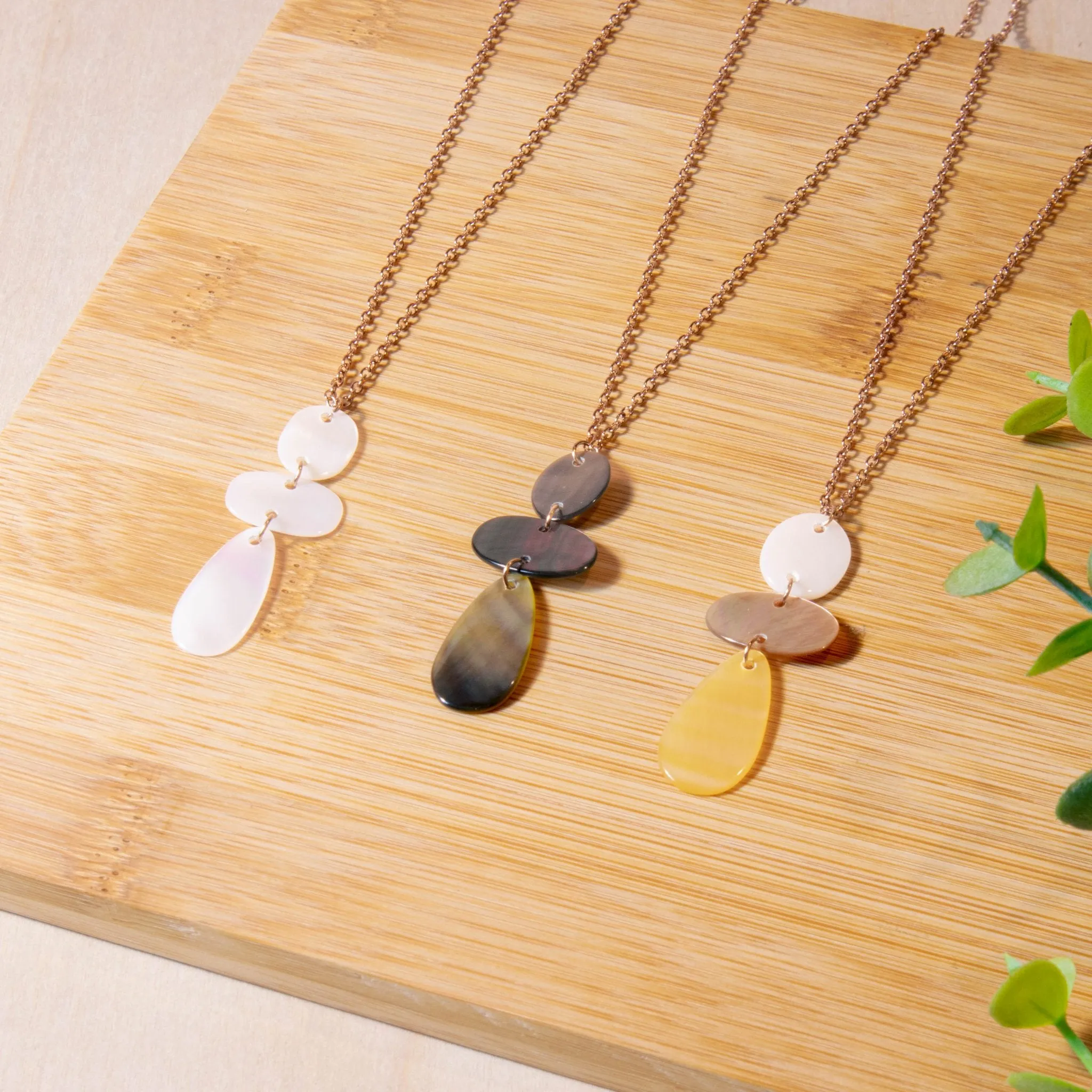 Black Mother of Pearl Round, Oval, and Raindrop Necklace with Rose Gold Chain - Elegant Jewelry | LIKHA