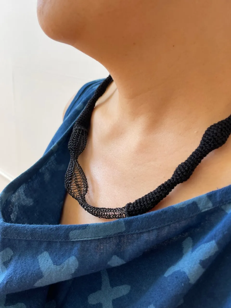 Black Wave Necklace - Cotton & Metal