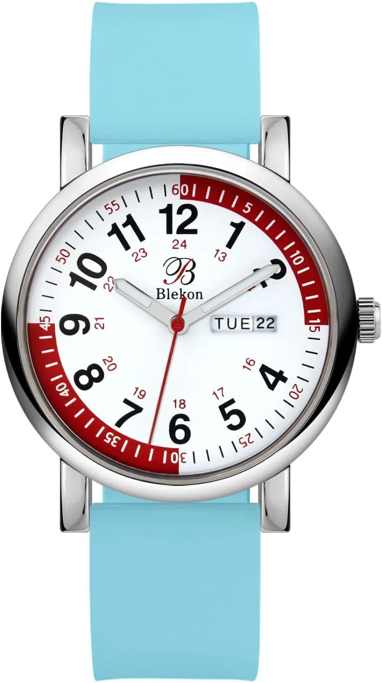 Blekon Pulsometer Nurse Watch with Secondhand  Scrub Matching Band Colors for Medical Professionals  Super Easy to Read Dial w/Day and Date Indicator, Waterproof Watch (Blue (Light))