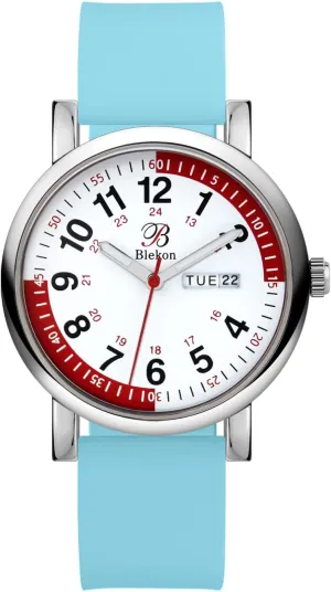 Blekon Pulsometer Nurse Watch with Secondhand  Scrub Matching Band Colors for Medical Professionals  Super Easy to Read Dial w/Day and Date Indicator, Waterproof Watch (Blue (Light))