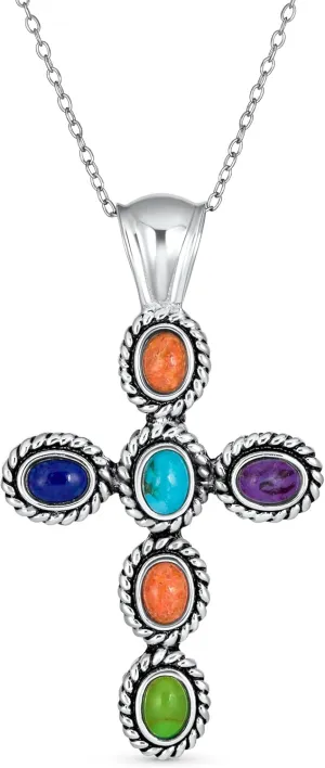 Bling Jewelry South Western Style Stabilized Turquoise Rope Bezel Set Cross Pendant Necklace For Women .925 Sterling Silver More Colors