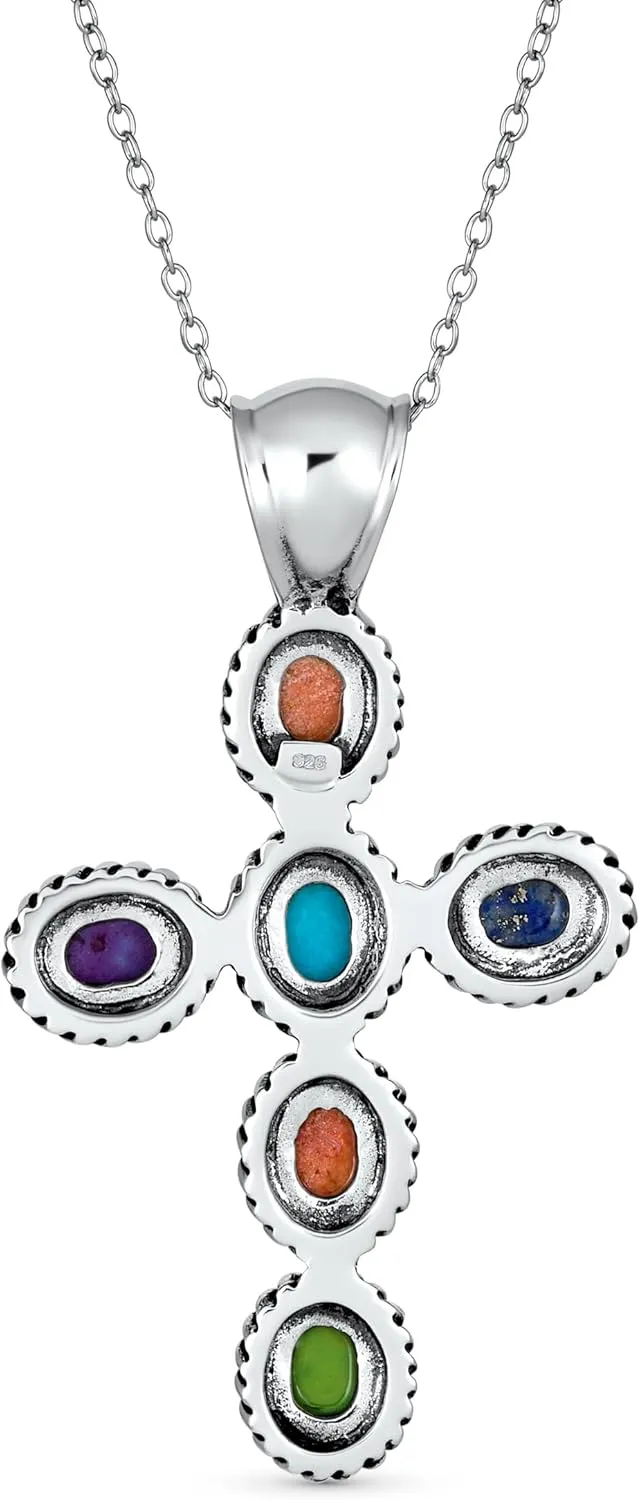 Bling Jewelry South Western Style Stabilized Turquoise Rope Bezel Set Cross Pendant Necklace For Women .925 Sterling Silver More Colors