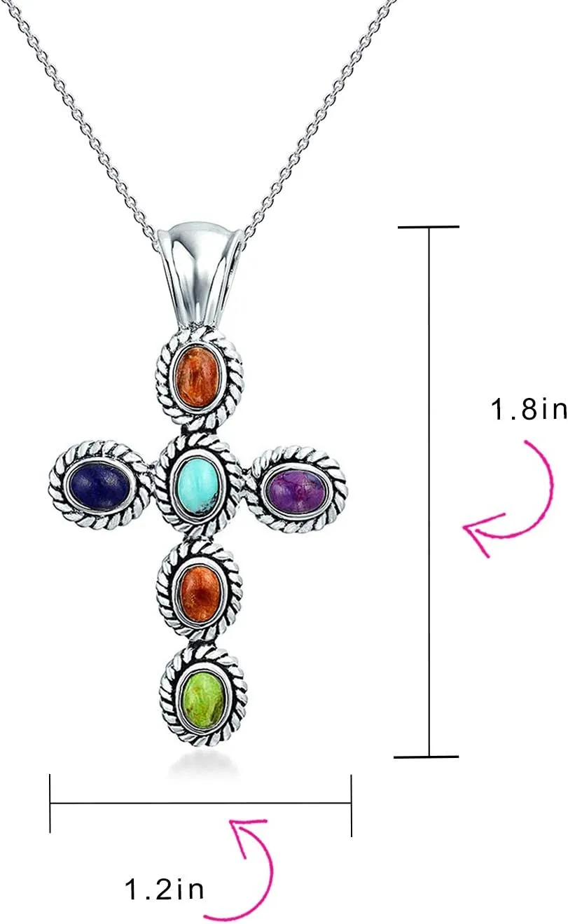 Bling Jewelry South Western Style Stabilized Turquoise Rope Bezel Set Cross Pendant Necklace For Women .925 Sterling Silver More Colors
