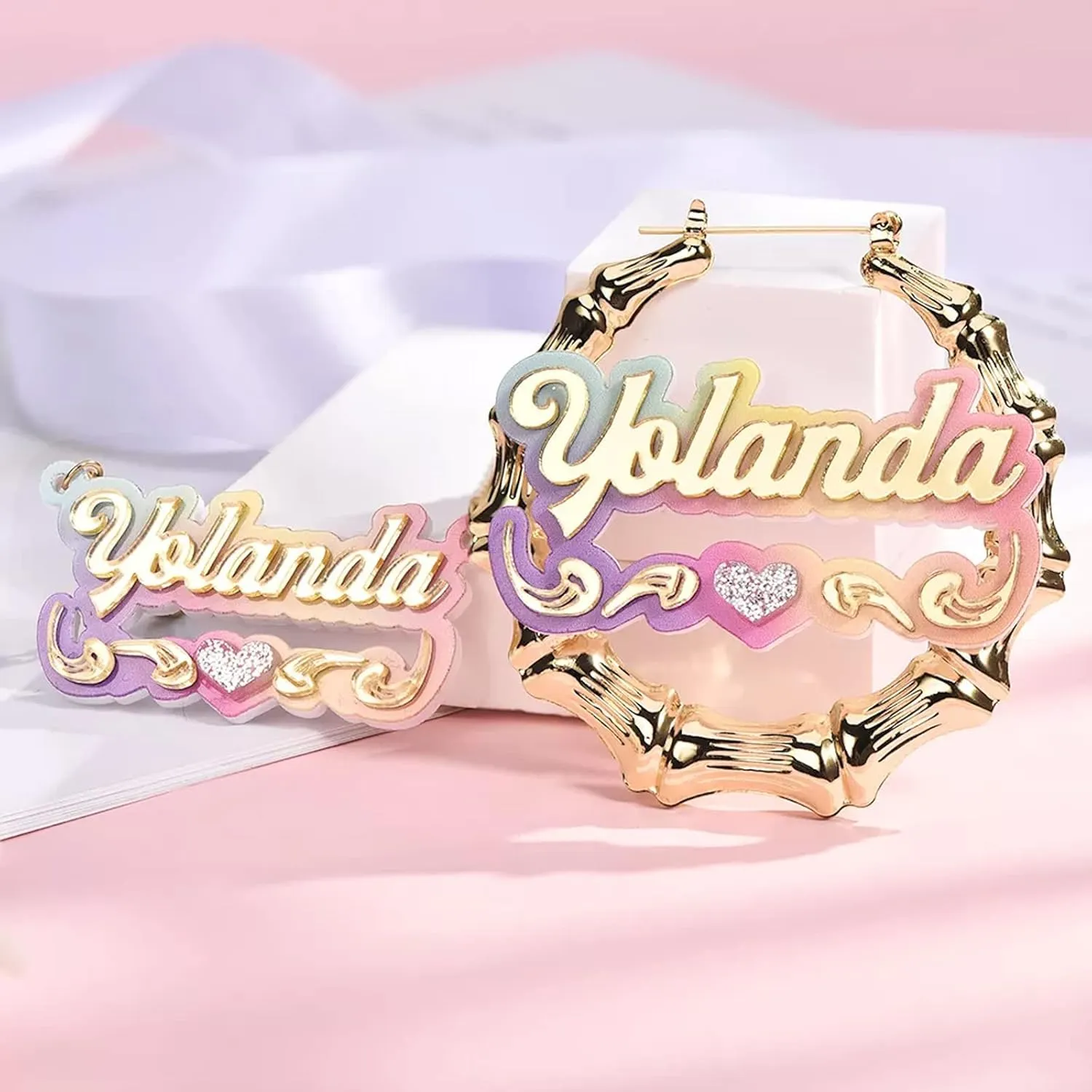 BlingSparkle Name Necklace Personalized 18K Gold Plated Name Plated Necklaces Acrylic Double Plated Name Necklaces Customized Jewelry Gift for Women Girls