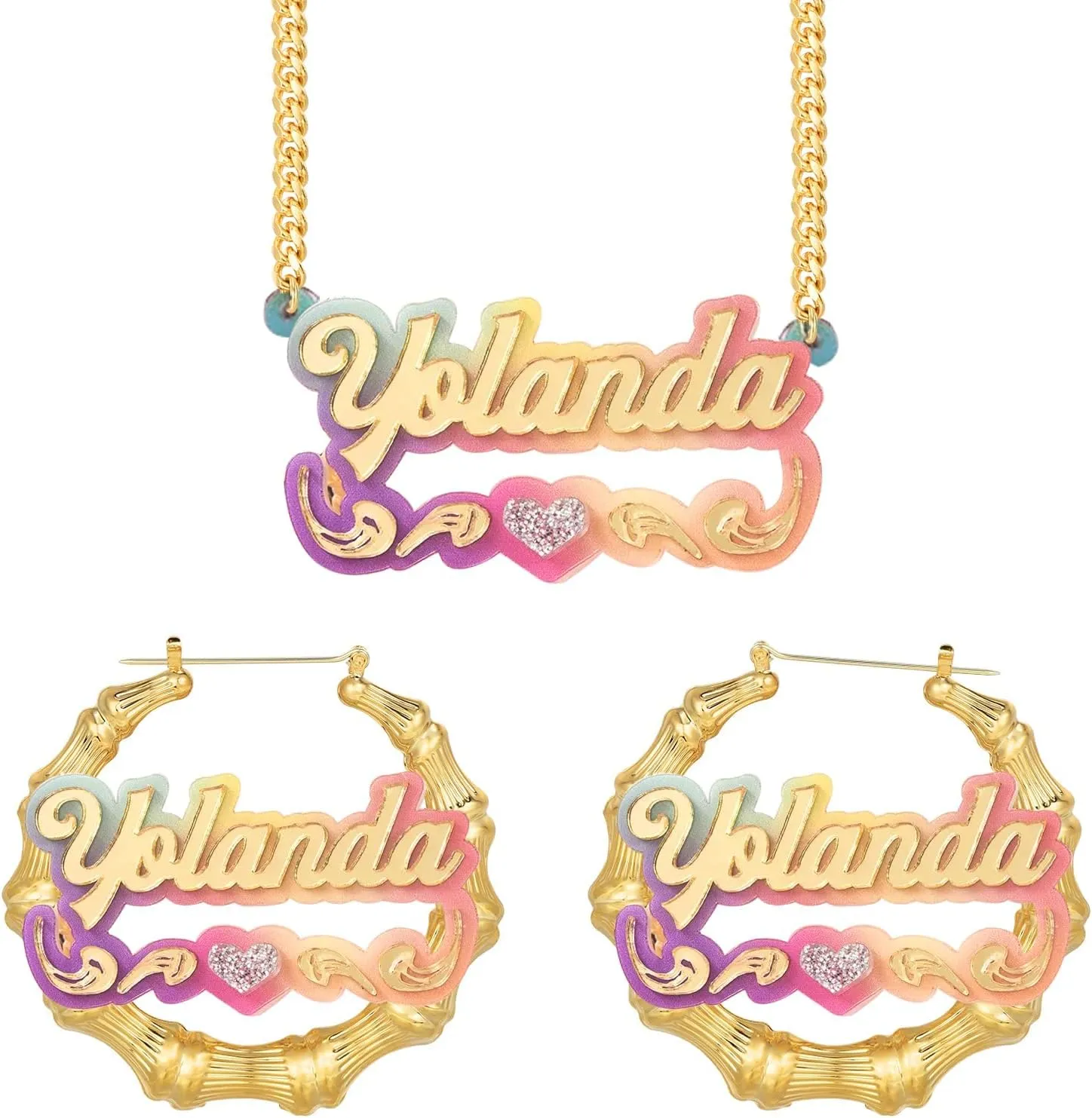 BlingSparkle Name Necklace Personalized 18K Gold Plated Name Plated Necklaces Acrylic Double Plated Name Necklaces Customized Jewelry Gift for Women Girls