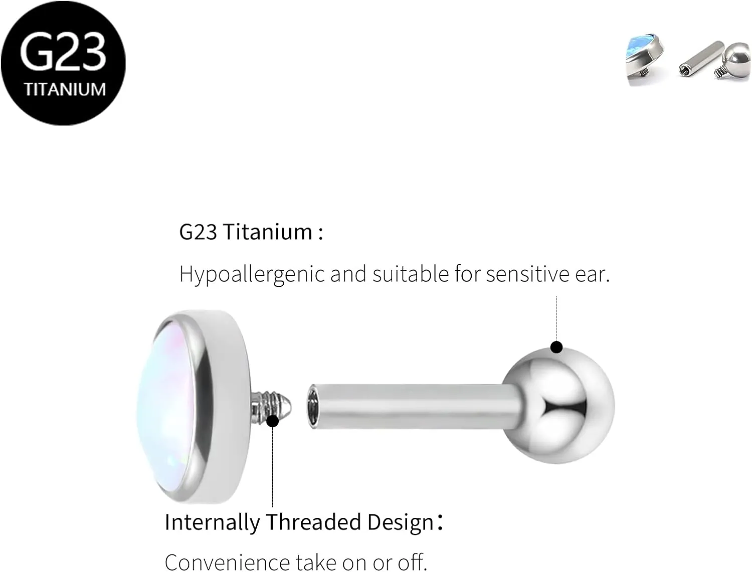 BLISI 16g Titanium Internally Threaded Earrings with Screw Back for Sensitive Ears Hypoallergenic Cartilage Tragus Helix Ear Piercing Diameter