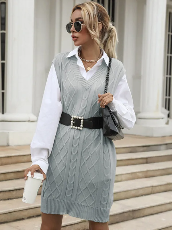 Blue Zone Planet |  Ava's Long Solid Color V-Neck Knitted Sweater Vest Mini Dress