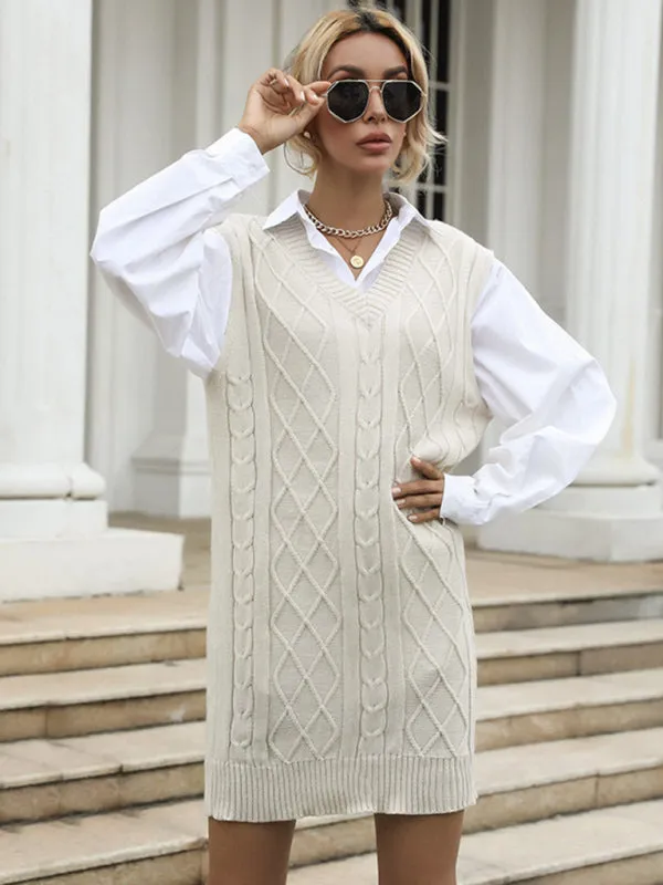 Blue Zone Planet |  Ava's Long Solid Color V-Neck Knitted Sweater Vest Mini Dress