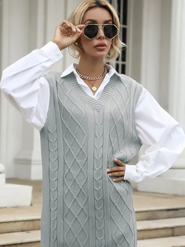 Blue Zone Planet |  Ava's Long Solid Color V-Neck Knitted Sweater Vest Mini Dress