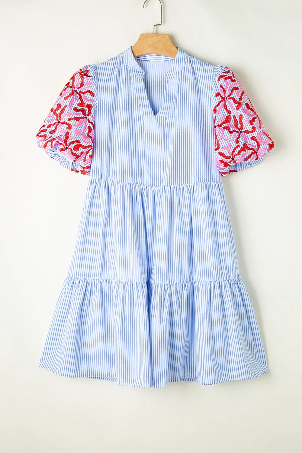 Blue Zone Planet |  Embroidered Striped Notched Short Sleeve Dress