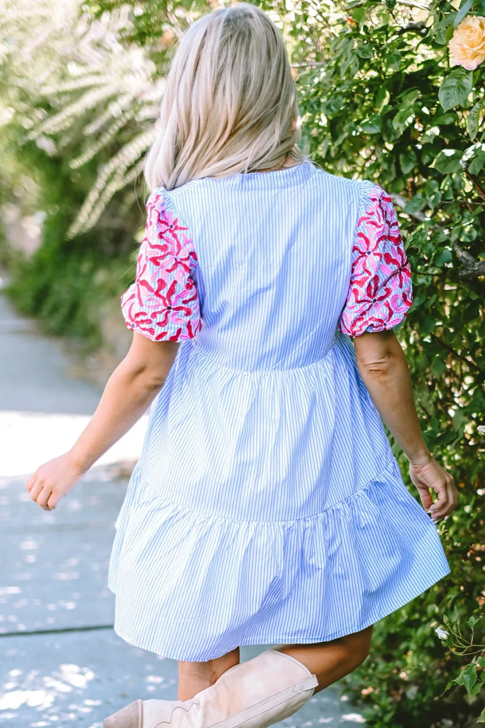 Blue Zone Planet |  Embroidered Striped Notched Short Sleeve Dress