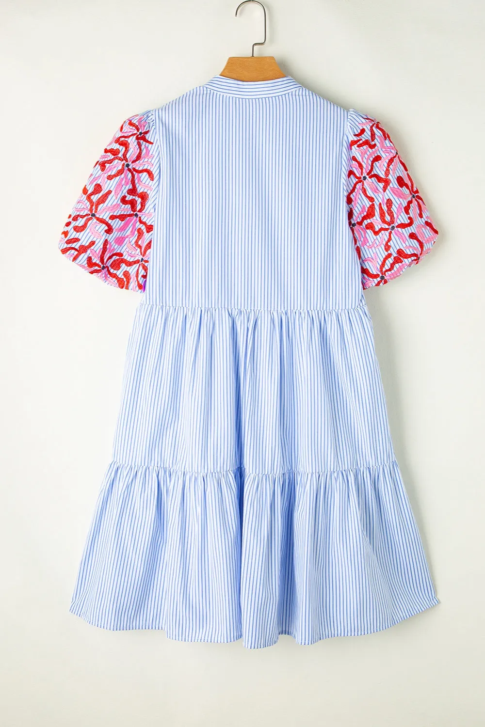 Blue Zone Planet |  Embroidered Striped Notched Short Sleeve Dress