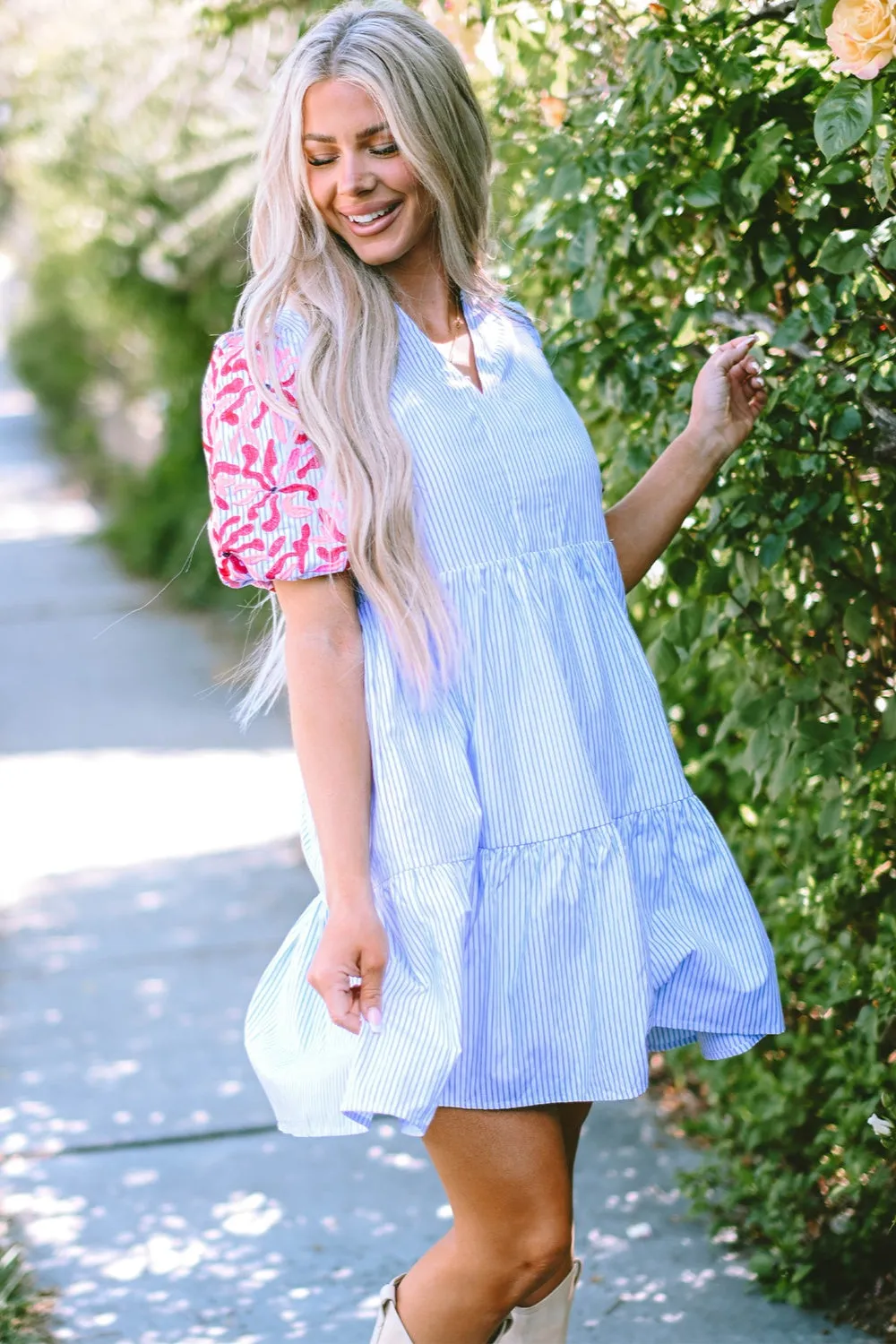 Blue Zone Planet |  Embroidered Striped Notched Short Sleeve Dress