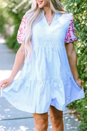 Blue Zone Planet |  Embroidered Striped Notched Short Sleeve Dress