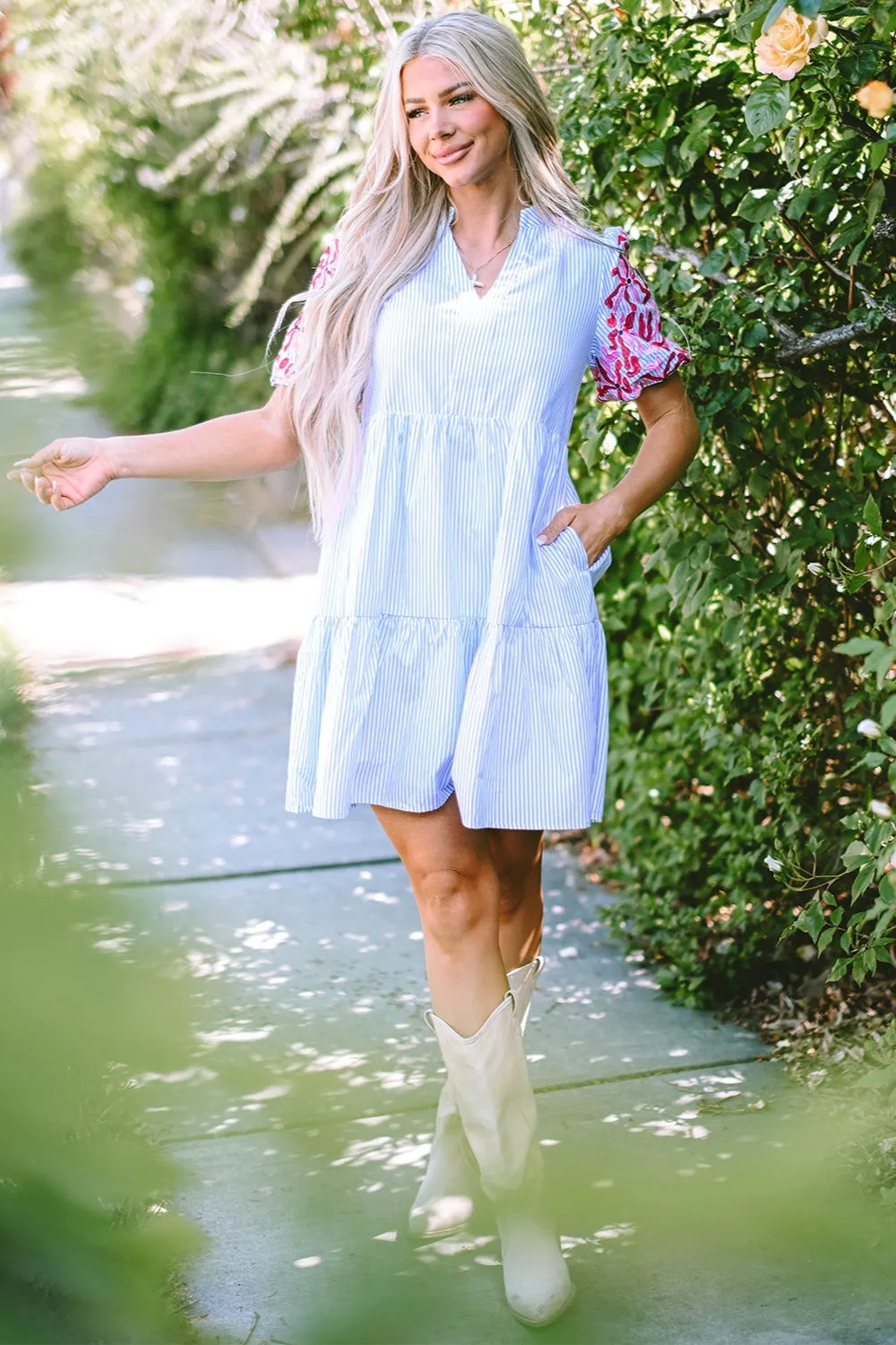 Blue Zone Planet |  Embroidered Striped Notched Short Sleeve Dress