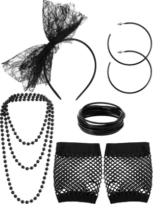 Blulu 80s Accessories for Women Costume Lace Headband Earrings Fishnet Gloves Necklace Bracelet for 80's Party