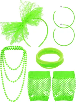 Blulu 80s Accessories for Women Costume Lace Headband Earrings Fishnet Gloves Necklace Bracelet for 80's Party