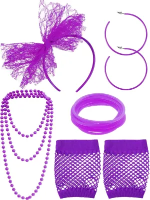 Blulu 80s Accessories for Women Costume Lace Headband Earrings Fishnet Gloves Necklace Bracelet for 80's Party