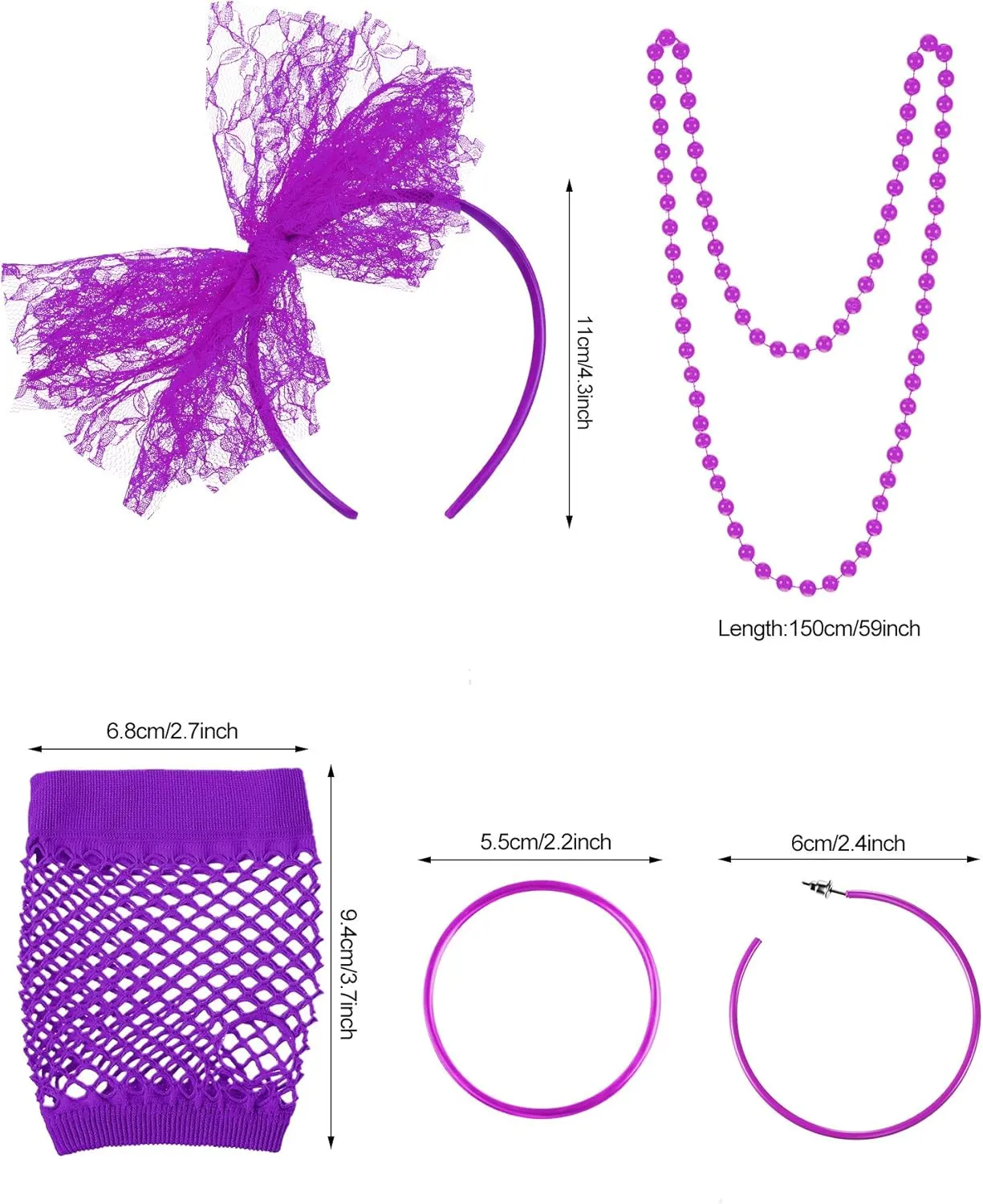Blulu 80s Accessories for Women Costume Lace Headband Earrings Fishnet Gloves Necklace Bracelet for 80's Party