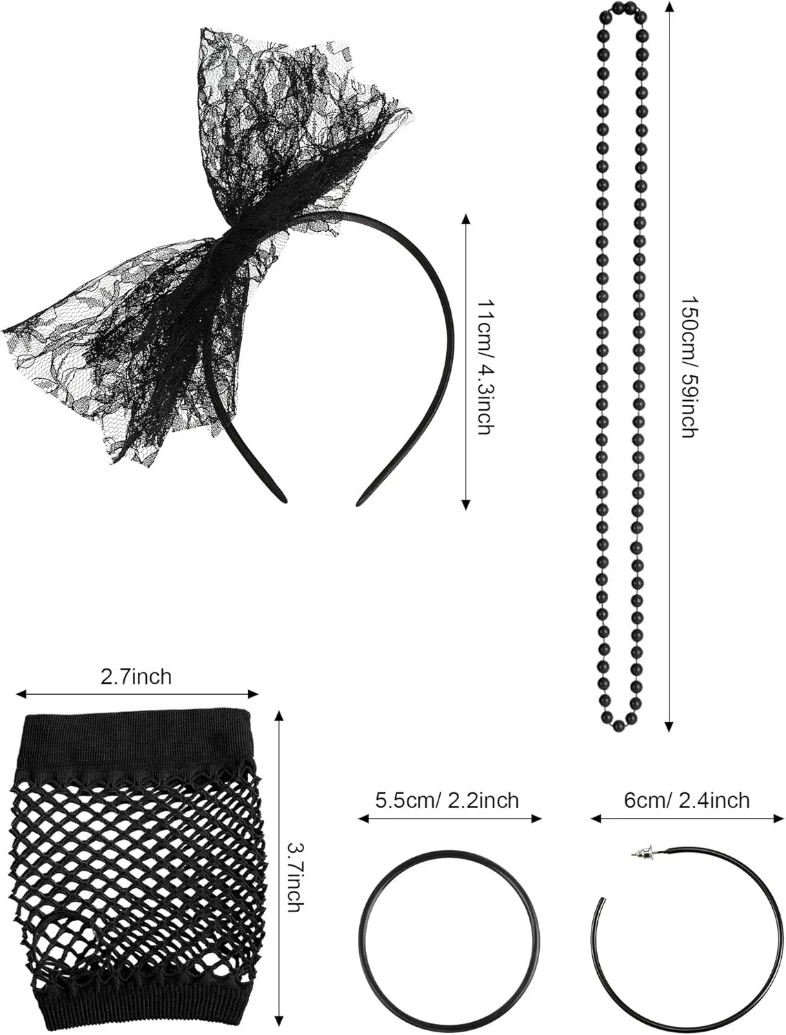 Blulu 80s Accessories for Women Costume Lace Headband Earrings Fishnet Gloves Necklace Bracelet for 80's Party