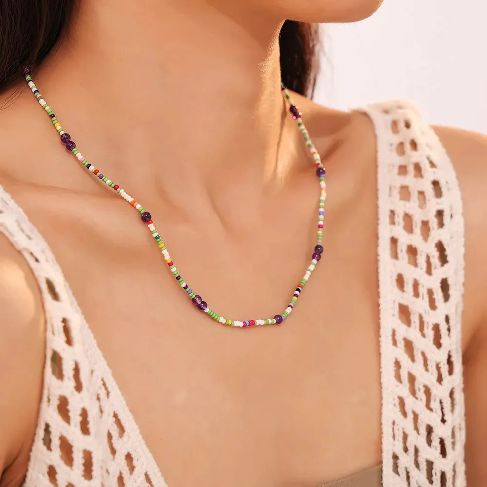 Bohemia Fashion Necklace for Women Nature Stones Purple Charm