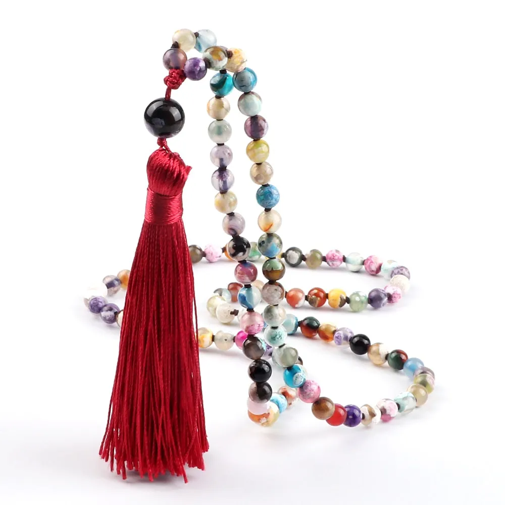 Bohemian 6mm Natural Fire Agates Onyx Stone Beaded Necklace For Women