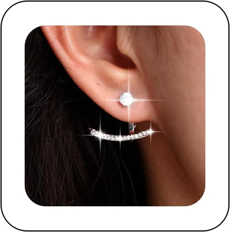 Bohemian Crystal Bar Jacket Earrings Silver Cz Paved Earrings Small Crystal Arc Bar Earrings Minimalist Rhinestone Bar Jacket Earrings Jewelry for Women Gifts