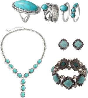 Bohemian Jewelry Set With 4 Knuckle Rings, 1 Turquoise Beaded Stretch Bracelets, 1 Dangle Earrings, 1Turquoise Necklace For Women Boho Turquoise Anniversary Birthday Friendship Gift