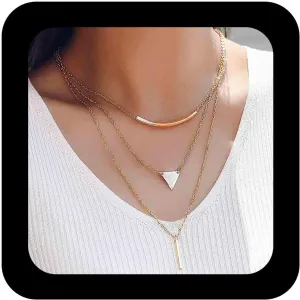 Bohemian Layered Bar Choker Necklace Gold Curved Arc Bar Pendant Necklace Metal Horizontal Bar Triangle Necklace Geometric Triangle Chain Necklace Jewelry for Women