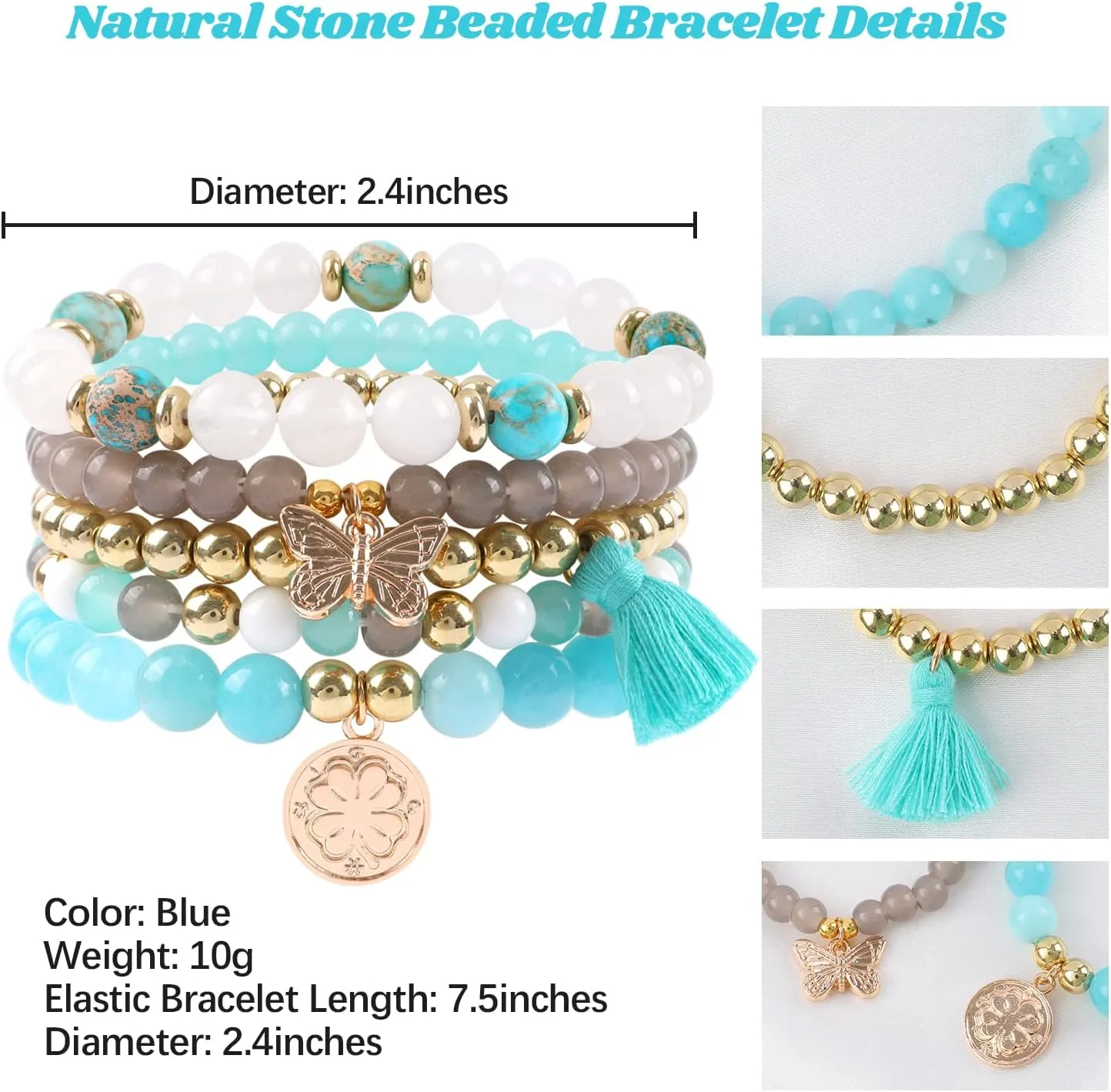 Bohemian Natural Stone Beaded Bracelets for Women Men Stackable Stretch Beads Bracelet Set with Charm and Tassel Multilayered Elastic Gemstone Bracelets Summer Beach Boho Jewelry Gift for Women