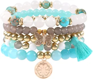 Bohemian Natural Stone Beaded Bracelets for Women Men Stackable Stretch Beads Bracelet Set with Charm and Tassel Multilayered Elastic Gemstone Bracelets Summer Beach Boho Jewelry Gift for Women
