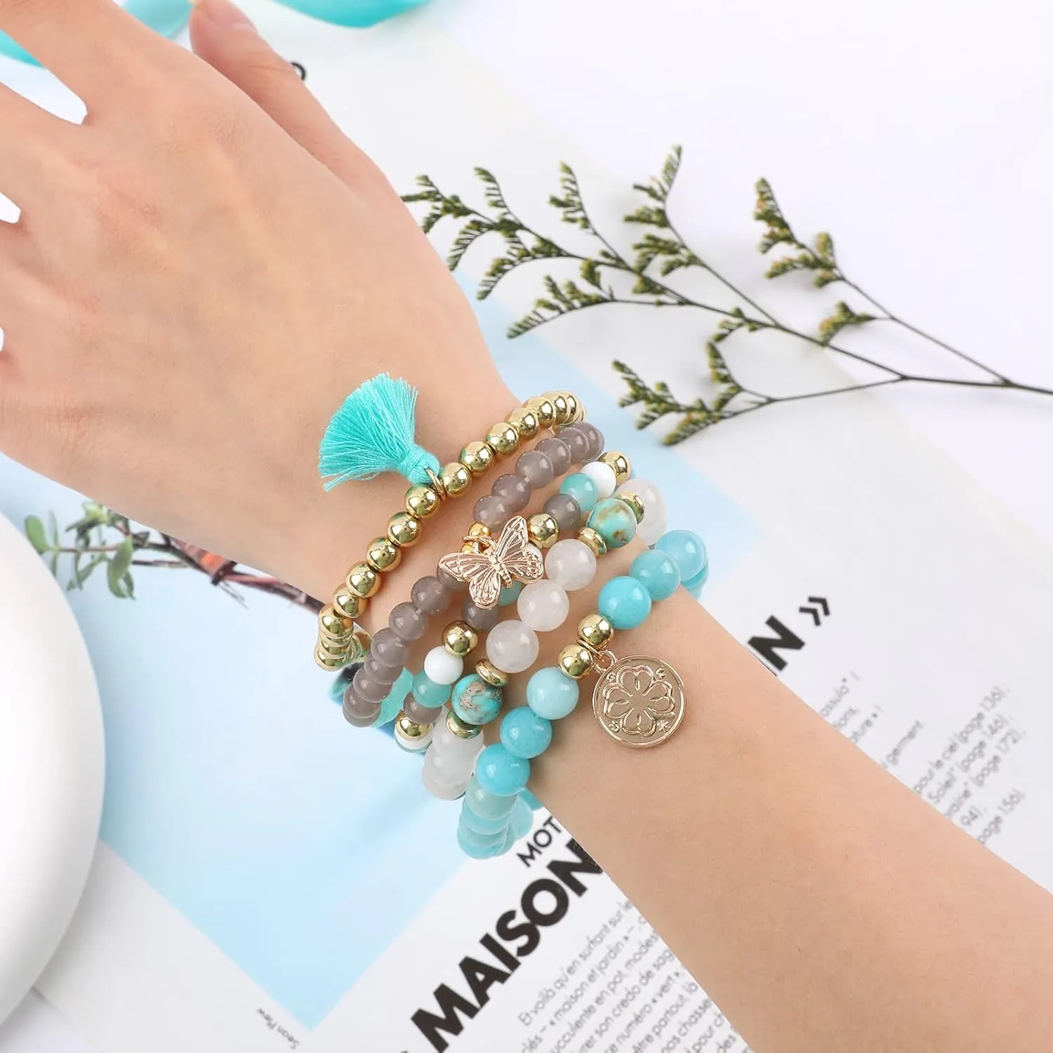 Bohemian Natural Stone Beaded Bracelets for Women Men Stackable Stretch Beads Bracelet Set with Charm and Tassel Multilayered Elastic Gemstone Bracelets Summer Beach Boho Jewelry Gift for Women