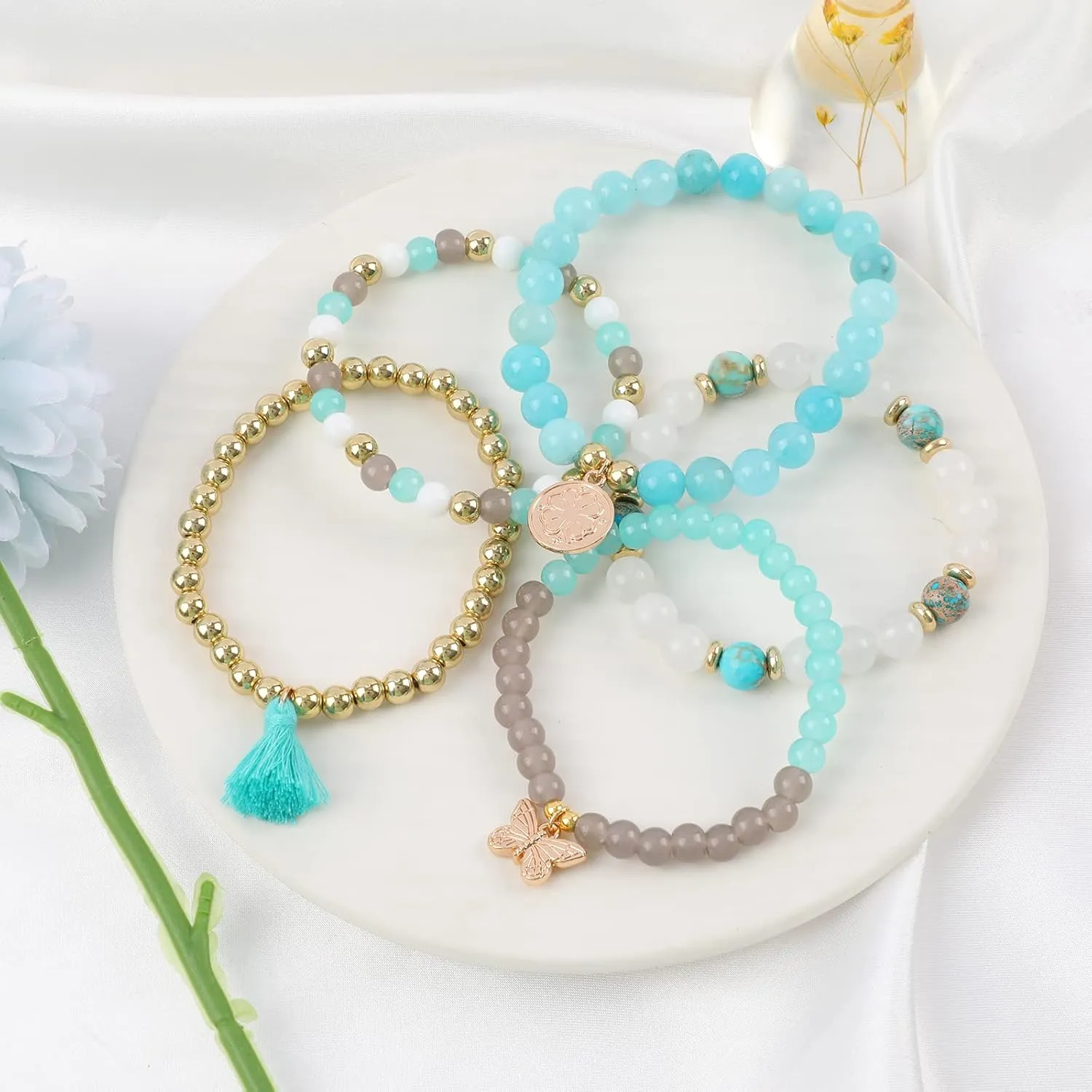 Bohemian Natural Stone Beaded Bracelets for Women Men Stackable Stretch Beads Bracelet Set with Charm and Tassel Multilayered Elastic Gemstone Bracelets Summer Beach Boho Jewelry Gift for Women