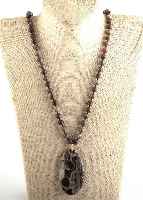 Boho Beaded Necklace - Natural Stone Pendant