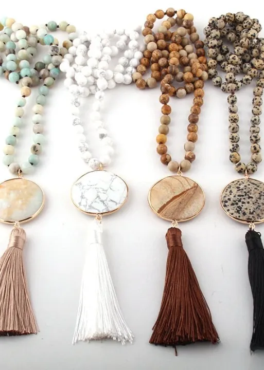 Boho Beaded Necklace Pompom Pendant