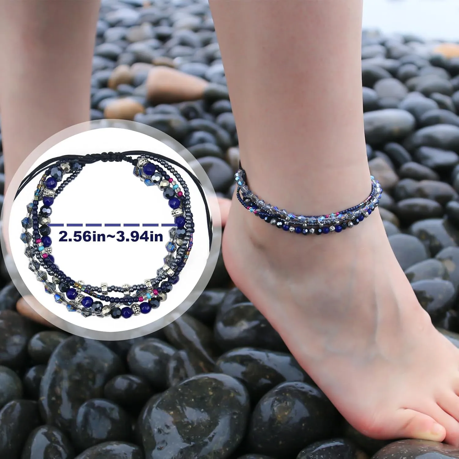 Boho Bracelets Anklets for Women Beaded - Adjustable Bohemian Anklets for Woman Handmade Beaded,2Pcs Braided Beach Bracelet Anklets