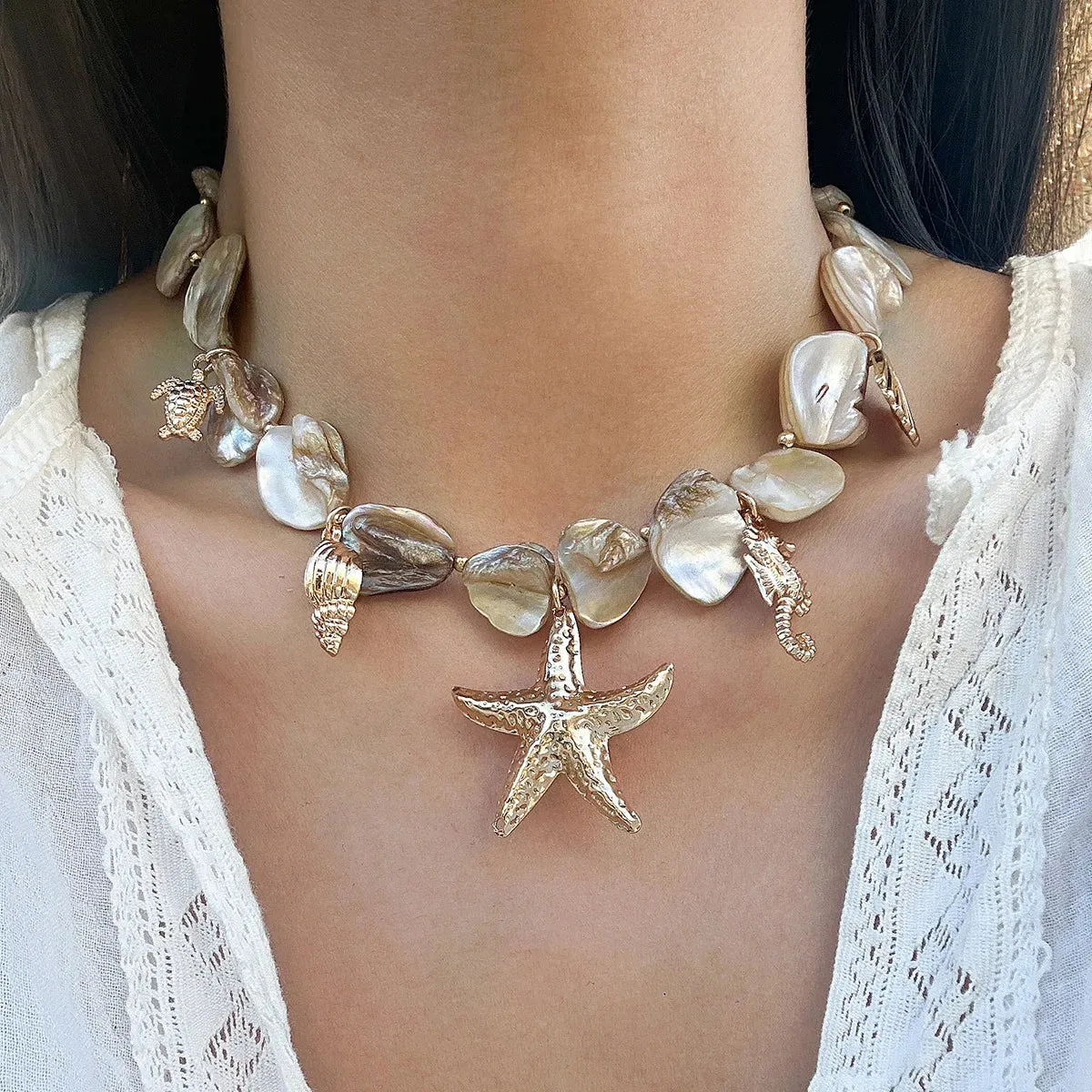 Boho Sea Turtle Sea Conch Sea Star Pendant Necklace for Women