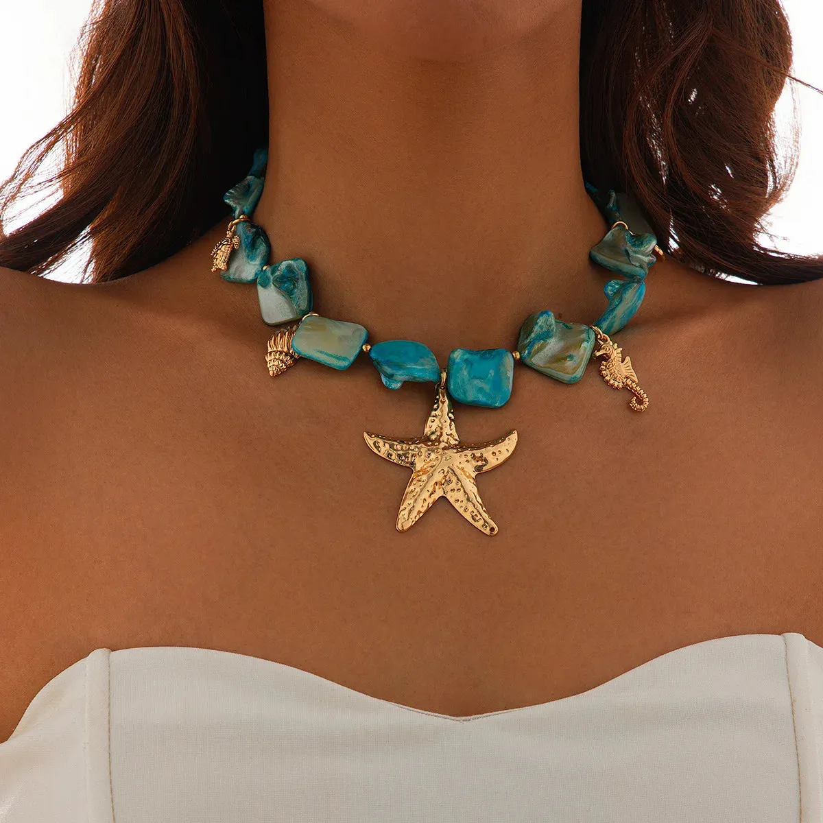 Boho Sea Turtle Sea Conch Sea Star Pendant Necklace for Women