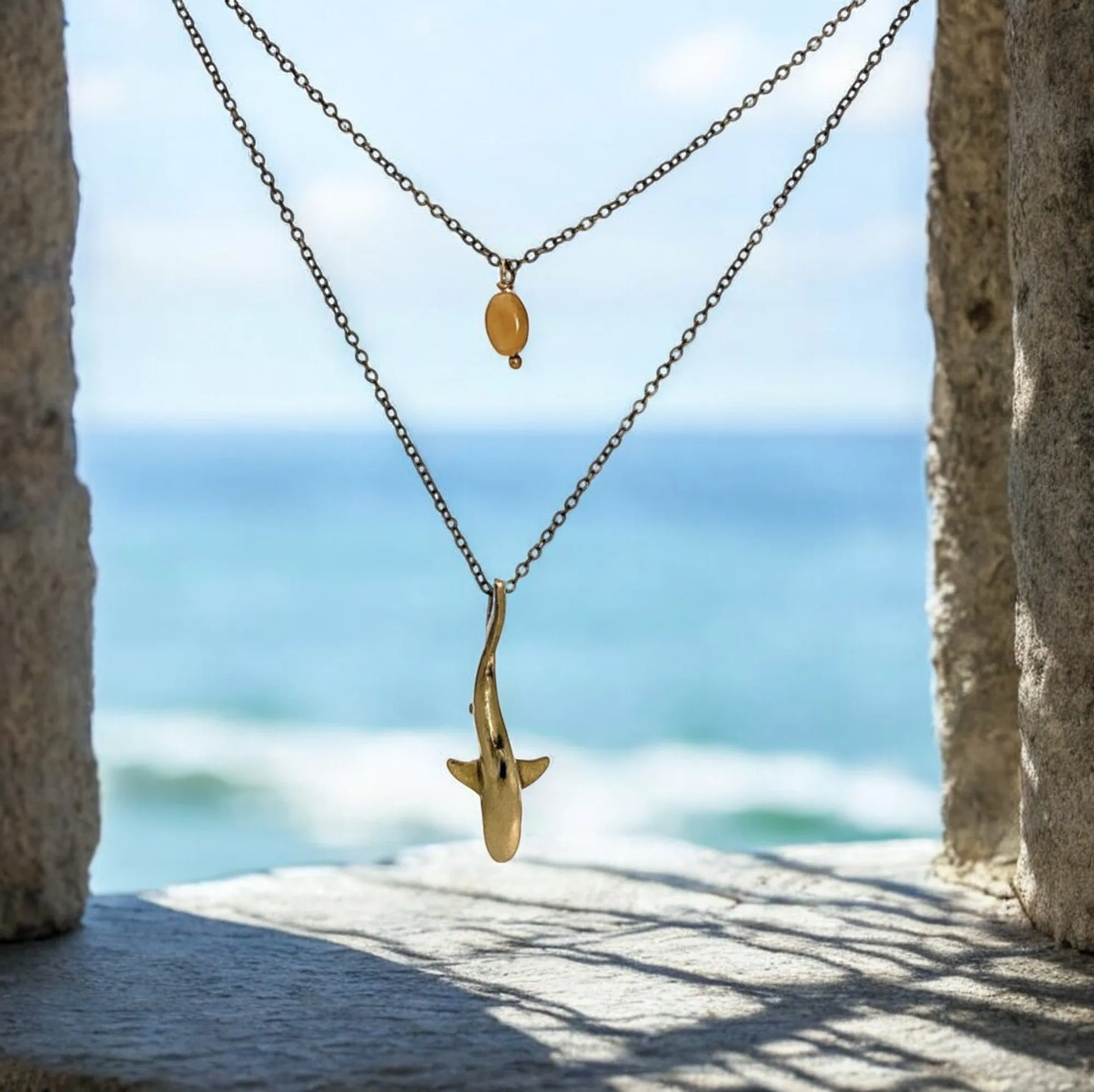Boho Shark Necklace for Women- Bronze Beachy Boho Necklace, Layered Necklace for Women, Reef Shark Necklace, Bronze SharkPendant, Brown Shark Necklace
