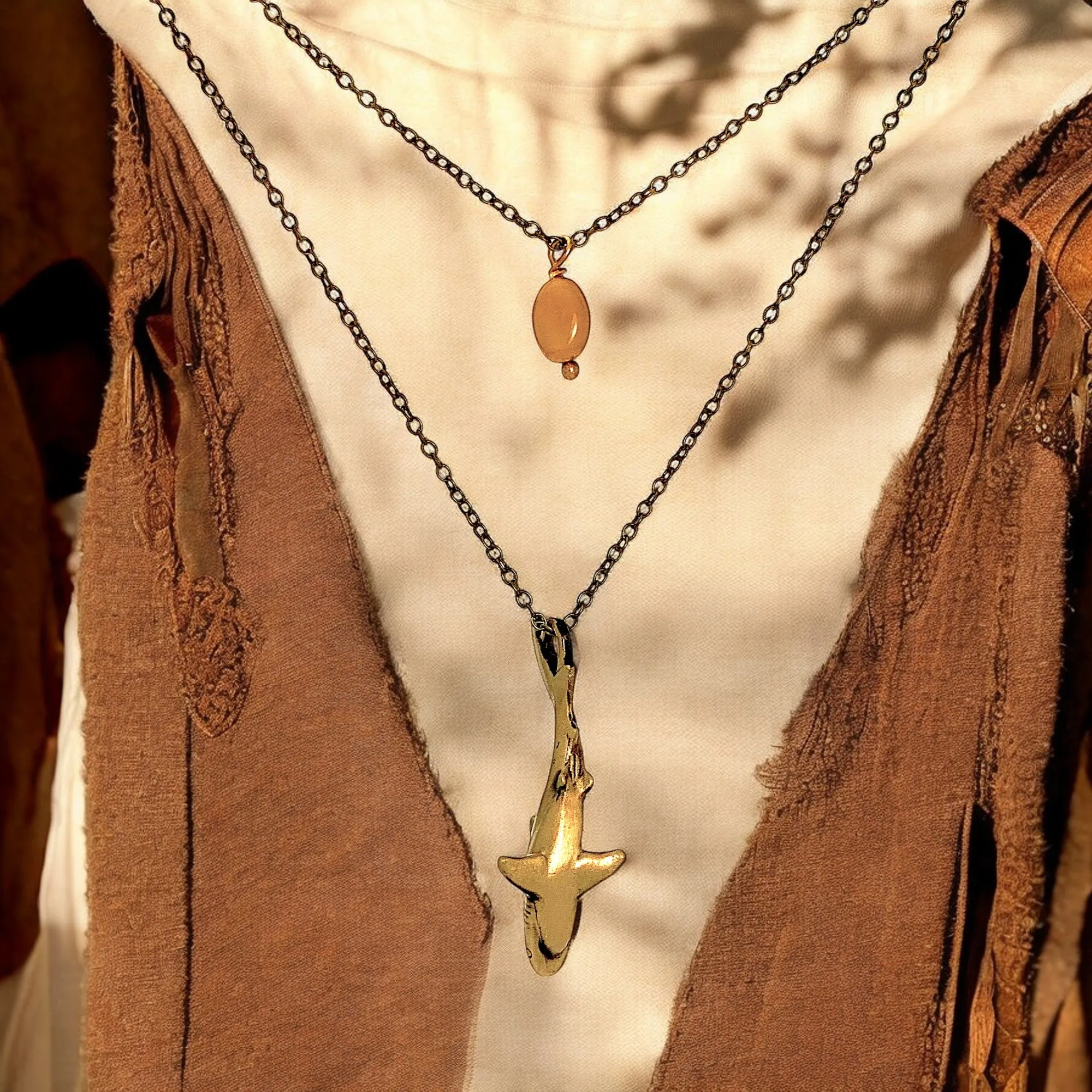 Boho Shark Necklace for Women- Bronze Beachy Boho Necklace, Layered Necklace for Women, Reef Shark Necklace, Bronze SharkPendant, Brown Shark Necklace