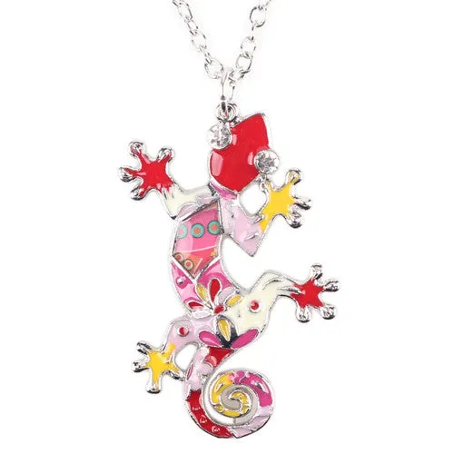 Bonsny Gecko Necklace Enamel lizard Pendant Zinc Alloy Plated Platinum New Fashion Jewelry For Women Statement Accessories