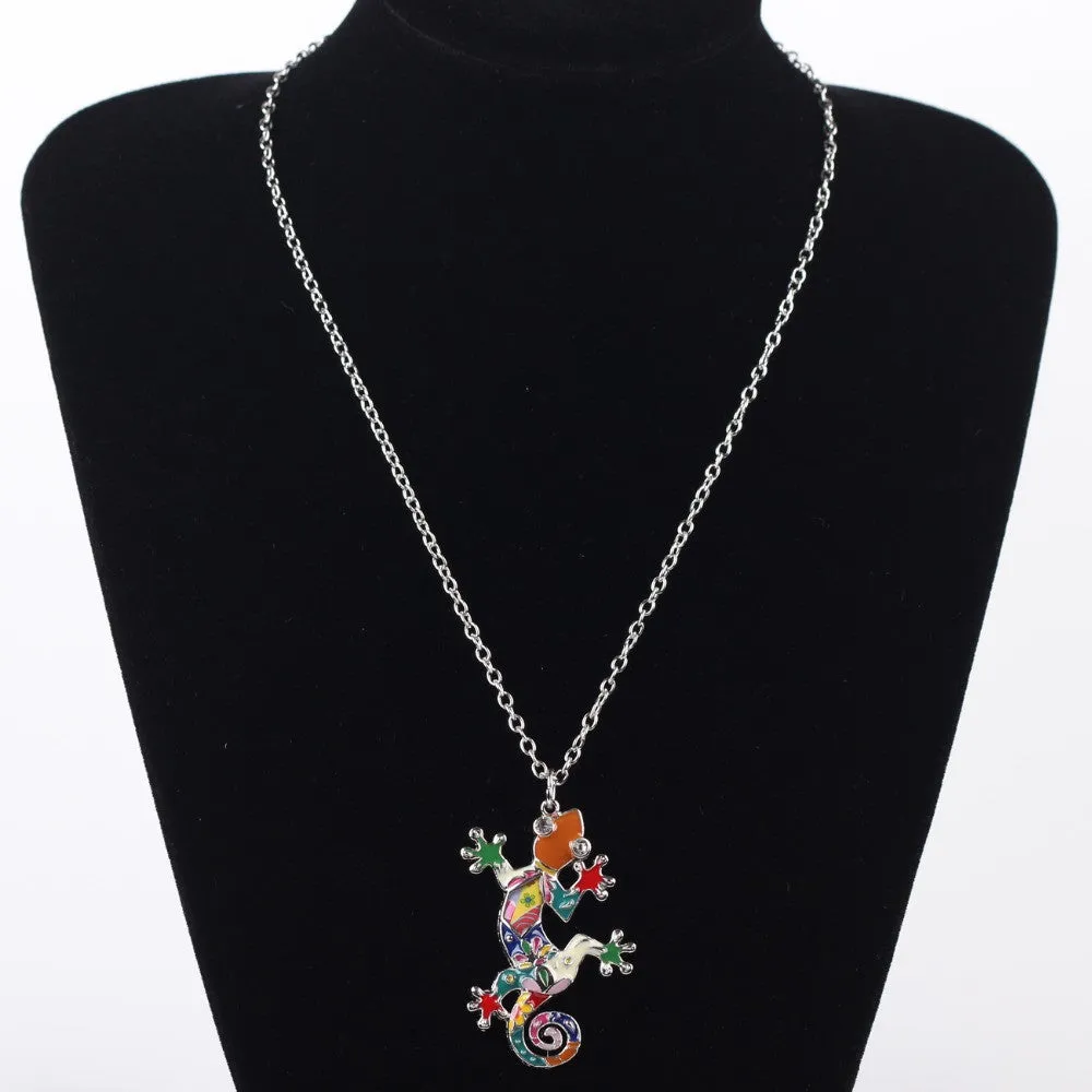 Bonsny Gecko Necklace Enamel lizard Pendant Zinc Alloy Plated Platinum New Fashion Jewelry For Women Statement Accessories