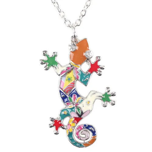Bonsny Gecko Necklace Enamel lizard Pendant Zinc Alloy Plated Platinum New Fashion Jewelry For Women Statement Accessories