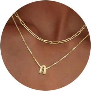 Bubble Letter Necklace Gold for Women, Initial Layered Letter Paperclip Stack Necklaces, 18k Dainty Charm Puff Pendant Balloon Necklace Non Tarnish Trendy Chunky Gold Jewelry