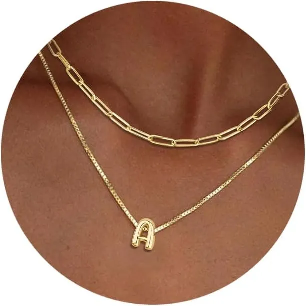 Bubble Letter Necklace Gold for Women, Initial Layered Letter Paperclip Stack Necklaces, 18k Dainty Charm Puff Pendant Balloon Necklace Non Tarnish Trendy Chunky Gold Jewelry