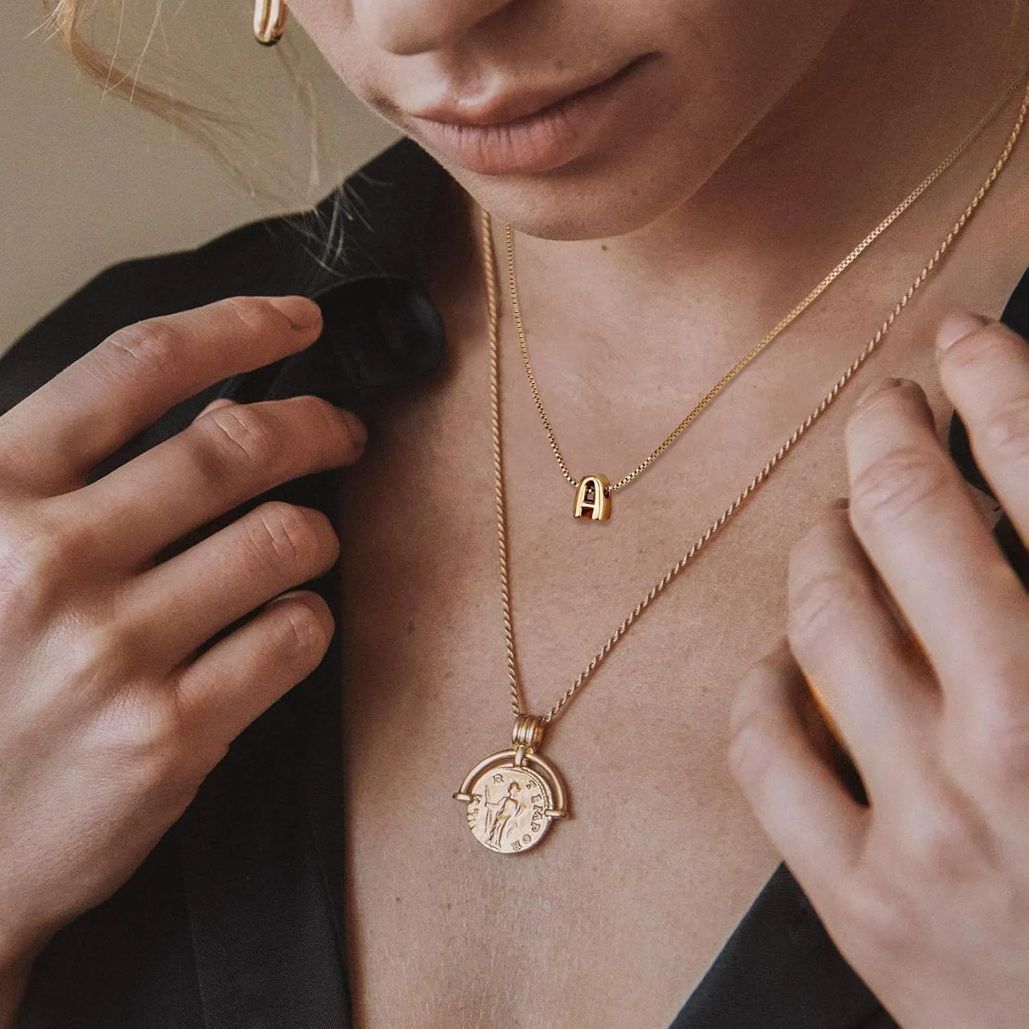 Bubble Letter Necklace Gold for Women, Initial Layered Letter Paperclip Stack Necklaces, 18k Dainty Charm Puff Pendant Balloon Necklace Non Tarnish Trendy Chunky Gold Jewelry