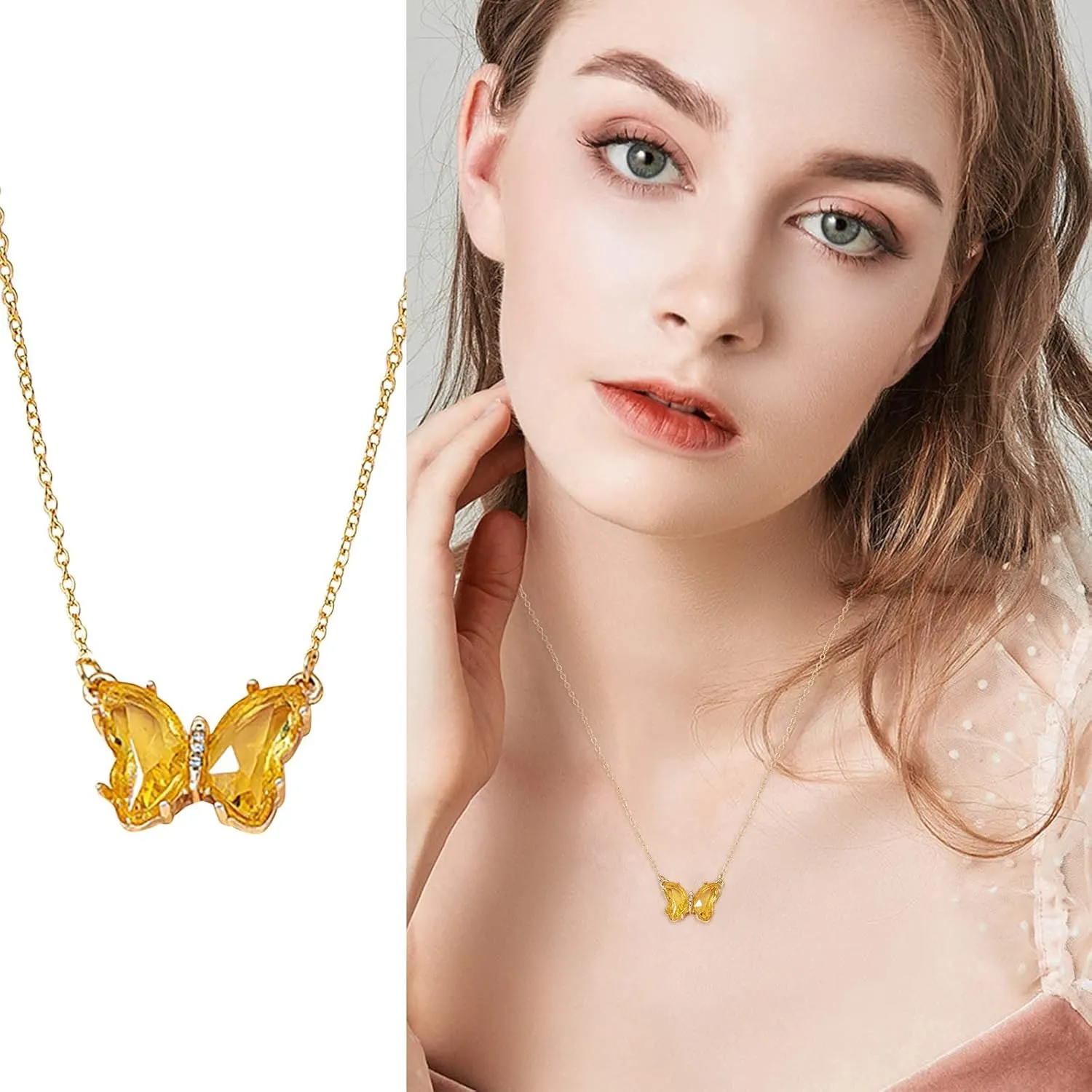 Butterfly Crystals Necklace for Womens Birthstone Pendant Necklaces Inlaid Zircon Chain Necklace Jewelry Lady (E, One Size)